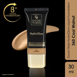 Good Vibes HydraGlow Liquid Foundation with Red Orange Extract - 360 Cool Walnut | 8  Hours Hydration | Natural to Buildable Coverage | Lightweight Comfort | Silky Smooth Finish (30ml)