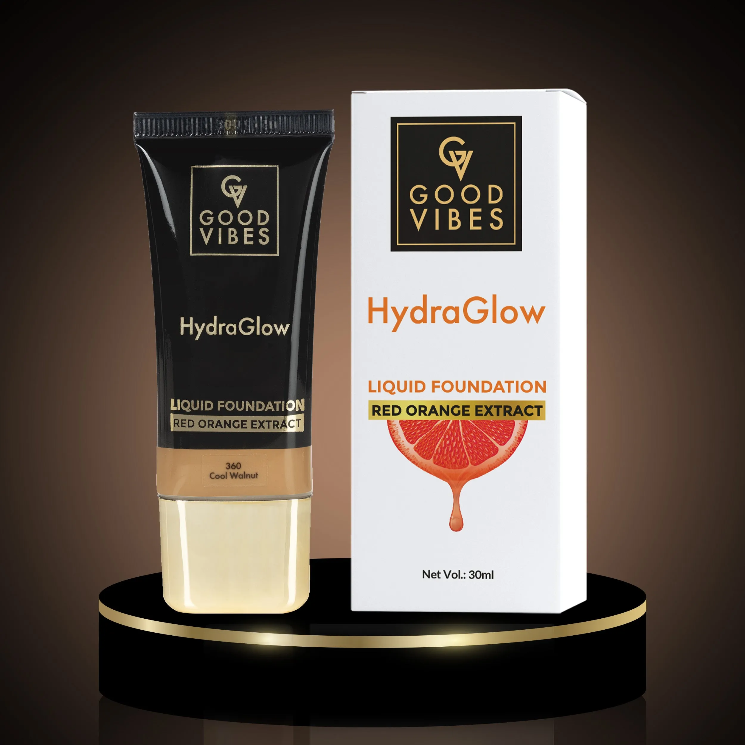 Good Vibes HydraGlow Liquid Foundation with Red Orange Extract - 360 Cool Walnut | 8  Hours Hydration | Natural to Buildable Coverage | Lightweight Comfort | Silky Smooth Finish (30ml)