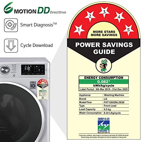 LG 6.5 Kg 5 Star Inverter Fully-Automatic Front Loading Washing Machine (FHT1265ZNL, Luxury Silver, 6 Motion Direct Drive)