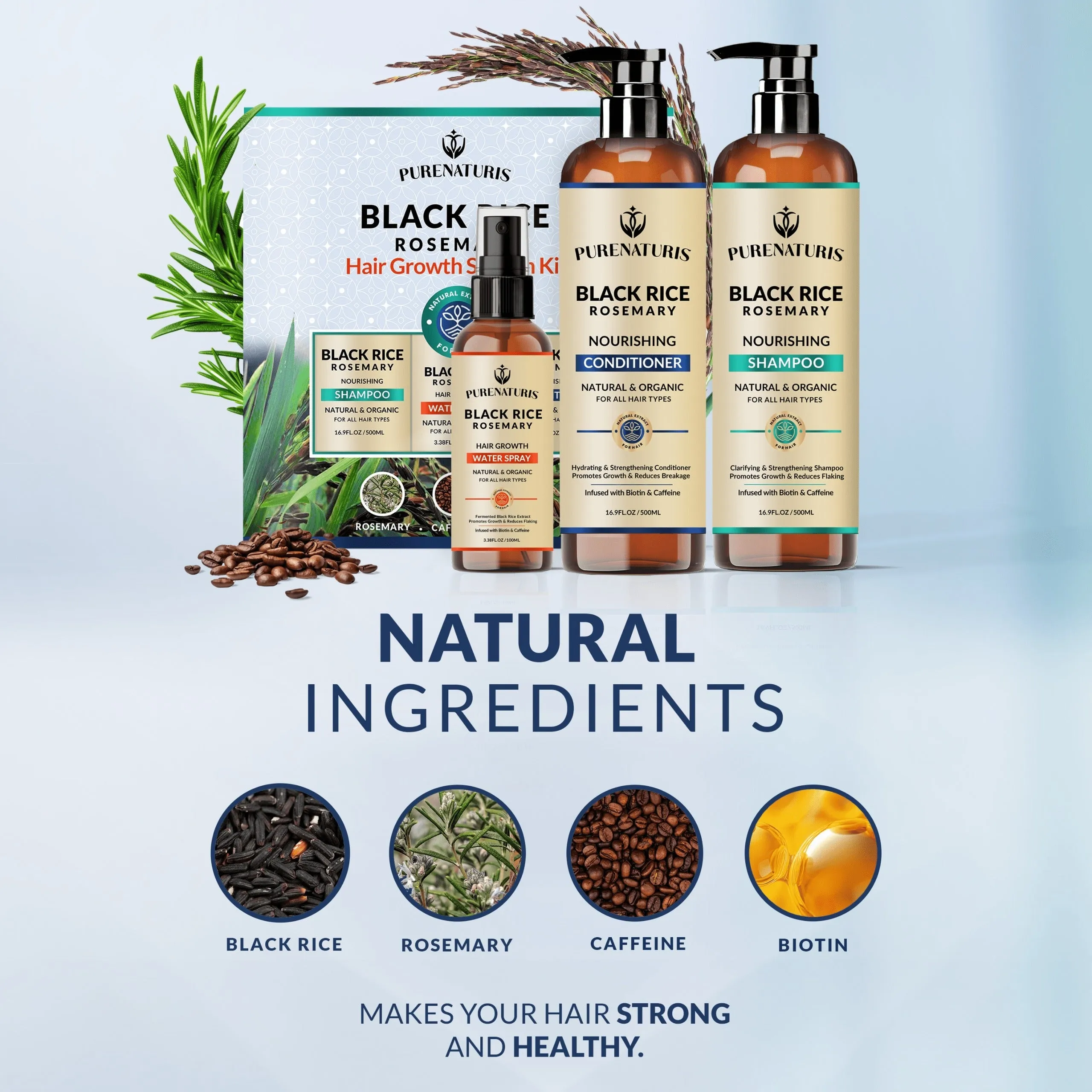 Rosemary Black Rice Water Hair Growth System Kit - Shampoo, Conditioner and Leave-in Serum