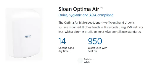 Sloan® Optima® Air EHD-701-PW Hand Dryer - Polished White Epoxy on Zinc Alloy Cover, High Speed, Automatic, Surface-Mounted ADA-Compliant